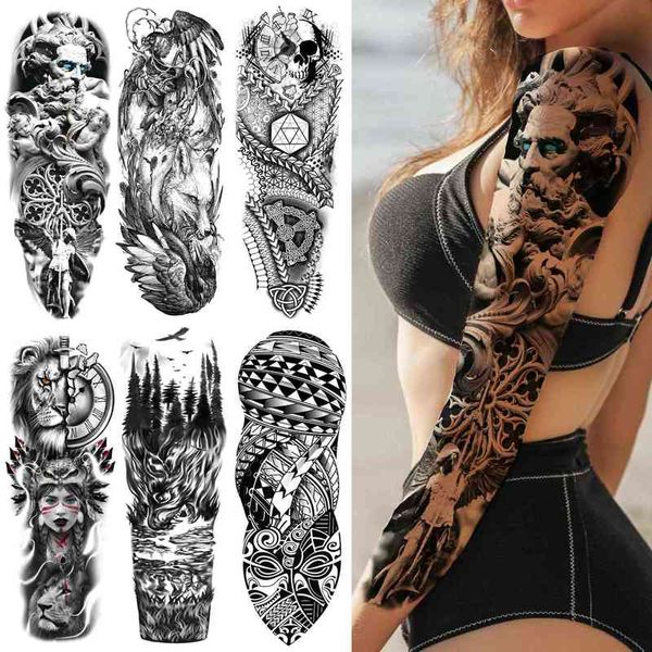 NXY Tatouage Temporaire Grande Taille Dieu s pour Femmes Hommes Adulte Faux Crâne Tribal Forêt Autocollant Manches Noir Corps Art Bras Diy Tatoo 0330