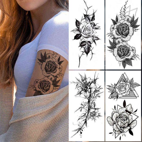 NXY Tatouage Temporaire Étanche Rose Fleur Croquis Autocollants Noir et Blanc Fleurs Sexy Femme Faux Corps Maquillage 0330