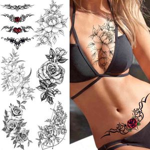 NXY Tijdelijke Tattoo Yuran Black Tulip Totem Tattoos Stickers Vrouwen Body Taille Arm Art Armband Meisjes Butterfly Tatoos Rose Chains 0330