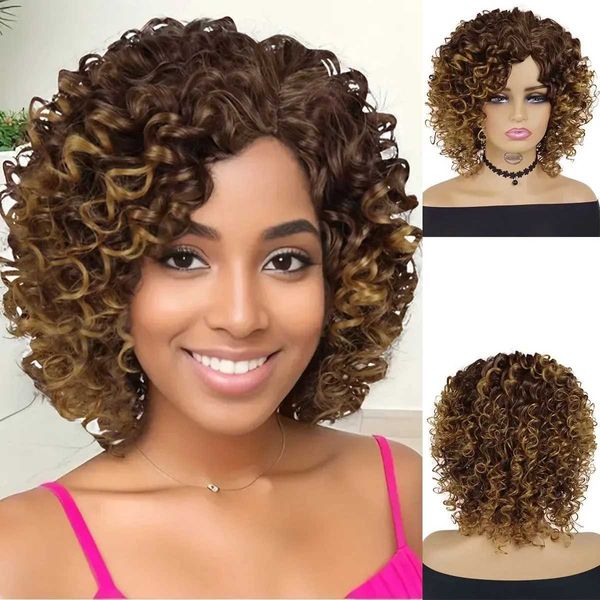 Nxy Vhair Perruques Gnimegil Court Afro Crépus Bouclés Perruque Synthétique Ombre Brun Blond pour Femmes Partie Latérale Bob Résistant À La Chaleur Cheveux Naturels 240330