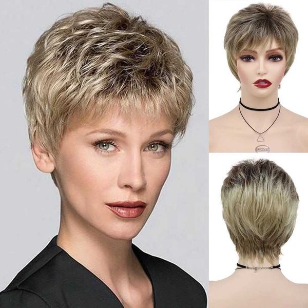 Nxy Vhair Pelucas Gnimegil Peluca sintética natural de pelo corto con corte Pixie para mujer Rubio degradado con flequillo Casual para mujer Fiesta de cosplay diaria 240330