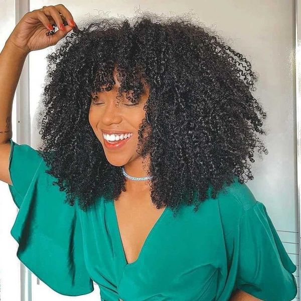 Nxy Vhair pelucas mongol afro rizado cabello humano con flequillo corto brasileño Remy máquina hecha para mujeres negras sin pegamento 240330