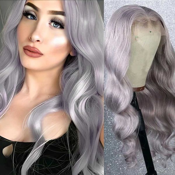 Nxy Vhair Pelucas Rongduoyi Body Wave Sintético Parte media Astilla Gris Peluca delantera de encaje Resistente al calor Pelo gris Frontal Cosplay Uso 240330