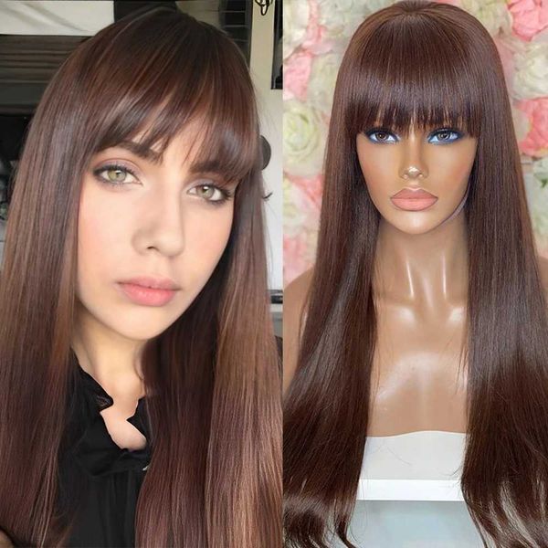 Nxy Vhair Pelucas Rongduoyi Peluca larga recta de encaje sintético marrón oscuro con flequillo Cabello natural sedoso Las mujeres usan maquillaje diario 240330