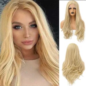 Nxy Vhair perruques Rongduoyi vague naturelle cheveux blonds synthétique longue ondulée blonde partie centrale sans colle dentelle avant perruque maquillage quotidien femmes utilisation 240330