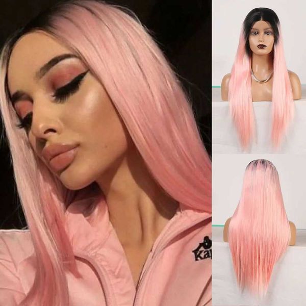 Nxy Vhair Perruques Rongduoyi Ombre Rose Longue Ligne Droite Cheveux Naturels Partie Centrale Résistant À La Chaleur Synthétique Lace Front Perruque pour Les Femmes Noires Utilisation Cosplay 240330