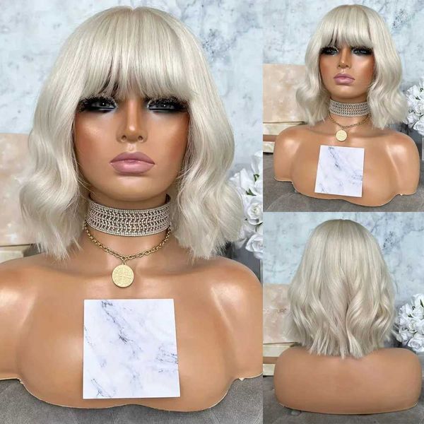 Nxy Vhair perruques Rongduoyi court Bob lumière blonde vague de corps synthétique longueur d'épaule cheveux avec frange dentelle avant perruque fête Cosplay femmes utilisation 240330