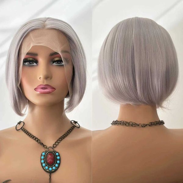 Nxy Vhair Perruques Rongduoyi Argent Gris Court Bob Synthétique Avant de Lacet Perruque Naturelle Délié Chaleur Fiber Sans Colle pour Femmes Utilisation Quotidienne de Maquillage 240330