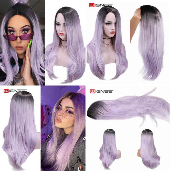 Nxy Wignee Long Synthetic Fiber Wigs Ombre Light Purple División parcial con flequillo oblicuo para mujeres Diarias/Cosplay Cabello natural Peluca 220622