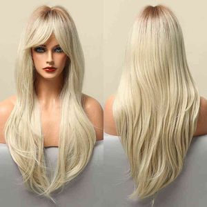 Nxy Perruques Ombre Brun Clair Blond Synthétique avec Frange Latérale Fibre Résistant À La Chaleur Quotidien Fête Cheveux Cosplay Utiliser Longs Ondulés s pour Femmes 220528