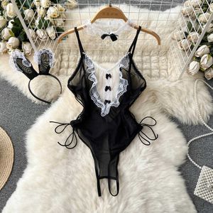 Nxy Femmes Cosplay Sexy Body Mode Sans Manches Volants Mince Dentelle Barboteuses Coréen Transparent Dos Nu Court Combishorts 230328