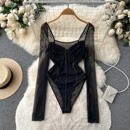 Nxy dames mesh club playsuits square nek lange mouw ruche slanke korte jumpsuit mode mode tanssparent sexy bodysuits 230328