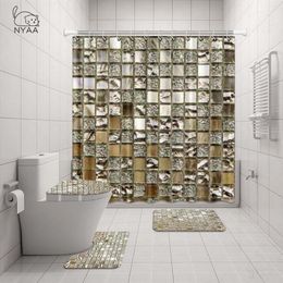 NYAA 4 pièces décoration mosaïque rideau de douche piédestal tapis couvercle couverture de toilette tapis tapis de bain ensemble pour salle de bain décor Y200407334a