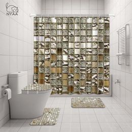 NYAA 4 pièces décoration mosaïque rideau de douche piédestal tapis couvercle couverture de toilette tapis tapis de bain ensemble pour salle de bain décor Y200407319n