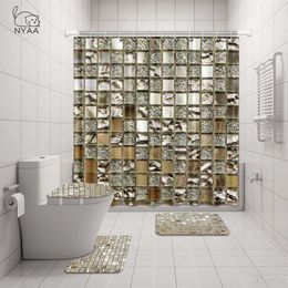 NYAA 4 pièces mosaïque décoration rideau de douche piédestal tapis couvercle couverture de toilette tapis tapis de bain ensemble pour salle de bain décor Y200407304k