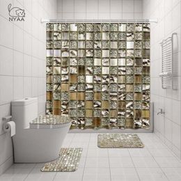 NYAA 4 pièces décoration mosaïque rideau de douche piédestal tapis couvercle couverture de toilette tapis tapis de bain ensemble pour salle de bain décor Y200407280A