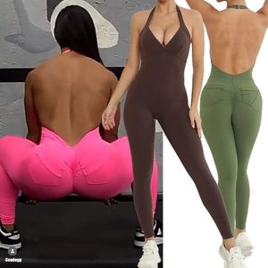 Nylon Backless Halter V Cut Achterzak Yoga Set Scrunch Gym Workout Broek Squat Proof Fitness Legging Jumpsuit 240307