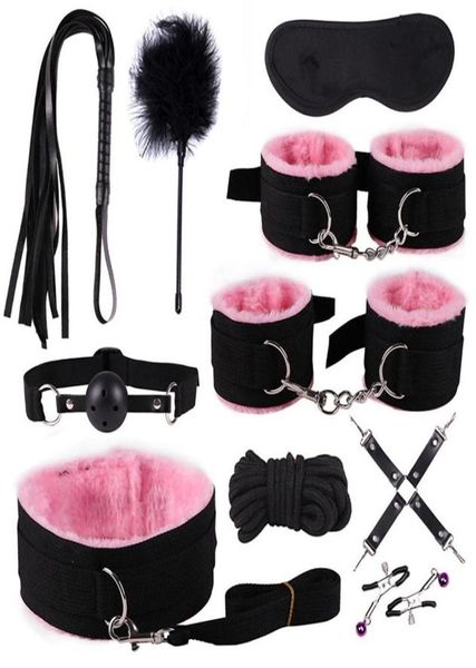 Nylon BDSM Sexo Bondage Ajuste de las esposas abrazaderas de pezón Collar Gag Whip Cabina Parejas Sexo para adultos 239U222K6378059