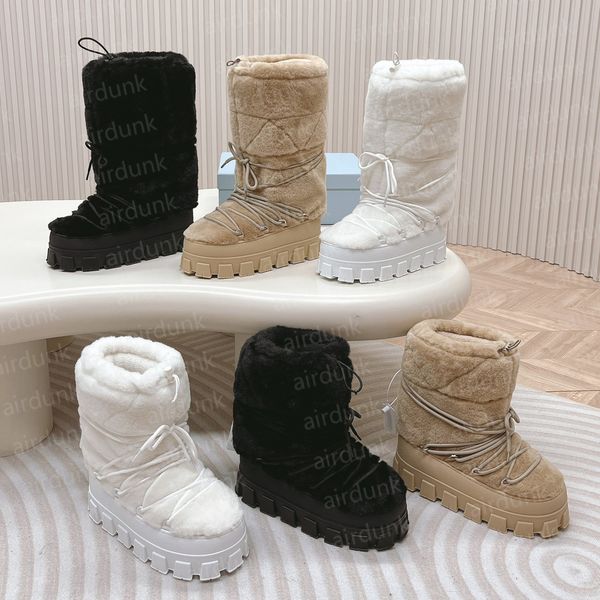 Con caja Shearling Bota de apres-ski Mujer Bota con letras Bota para la nieve Nylon Martin Tobillo Esquí Resbalón Redondo Diseñador de lujo Zapatos con cordones Nylon Gabardina Apres Ski Boots 35-41