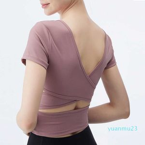 Nylon naakt gevoel nieuw yogapak met beha sport T-shirt dames gekruiste rug strakke korte mouw sneldrogend fitnesspak