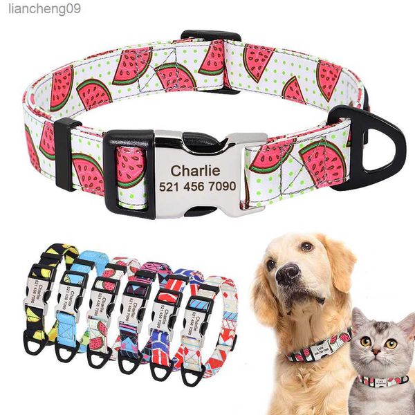 Collar de perro con estampado de nailon, collares de identificación de gato personalizados, placa de identificación con etiqueta de grabado gratis para perros pequeños, medianos y grandes, gatos, Pitbull Pug L230620