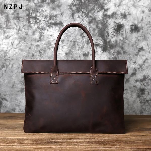 NZPJ rétro hommes porte-documents en cuir sac à main décontracté couche supérieure en peau de vache affaires tablette sac mince pochette pour ordinateur portable 16 pouces 240320