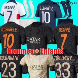 O.DEMBELE BARCOLA 23 24 voetbalshirts MBAPPE Psgs 2023 2024 voetbalshirts HAKIMI ZAIRE-EMERY KOLO MUANI mannen kinderen maillot voet enfants set