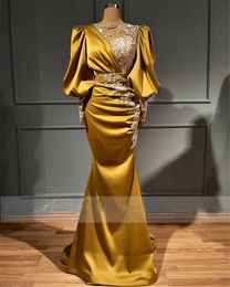 O noche oro Dubai cuello con cuentas satén vestidos De graduación elegante Arabia sirena vestidos De fiesta formales Robe De Soiree