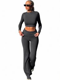 O-cou Crop Tops Slim Pantalon 2 pièces Ensembles Femmes Tenues Lg Manches Cjunto Femenino Solide Gris Leggins Mujer Dames Survêtements S8mJ #