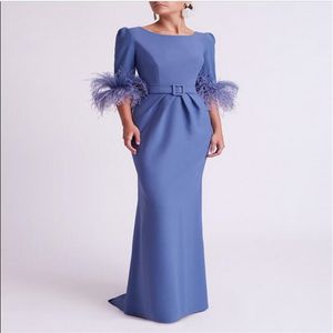 Robes mère de la mariée élégantes à col rond, bleu de styliste, demi-manches avec trompette à plumes, robes formelles de bal de promo pour femmes, 2023
