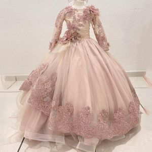 O-cou fleur filles robe princesse robe de bal pour anniversaire Applique 3DFlower perle à manches longues robe Corset vestidos para ninas