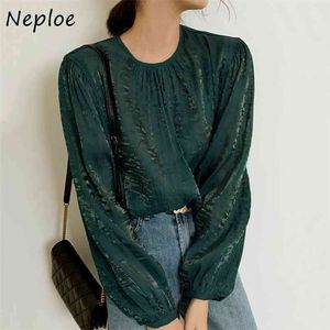 O-hals Lantaarn Mouw Chiffon Vrouwen Blouse Herfst Chic Plooited Back Single-Breasted Shirt All-Match Soft Femme Blusas 210422