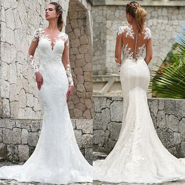 O-cuello de manga larga apliques de encaje vestido de novia 2023 vestidos de novia ajustados naturales ajustados hechos a medida vestidos de novia vintage personalizados de primavera