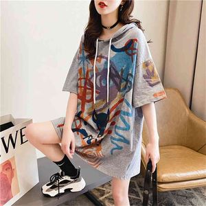 Camiseta con capucha de talla grande con cuello redondo para mujer, camiseta de manga corta de verano a la moda, estilo coreano suelto para mujer s 210623