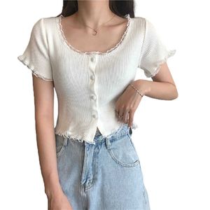 O hals ruches korte mouw t-shirt vrouwen zomer casual button crop top basic blauw roze t-shirt tops x0628