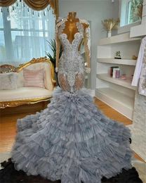 O nek Sier Long Prom -jurk voor zwarte meisjes kristal verjaardagsfeestjesjurken applique formele jurk ruche ruche robe de bal 322 mal