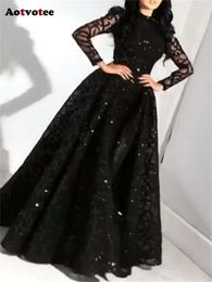 O-hals mouw voor dames mode vintage pailletten baljurk zwarte elegante vloerlengte lange jurk