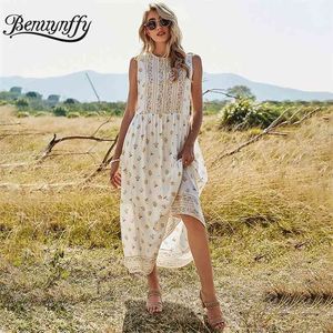 O-hals mouwloze bloemenprint boho hoge taille jurken witte losse casual vrouwen vakantie zomer lange jurk 210510