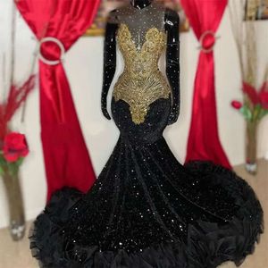 O Sexy col transparent longue robe de bal pour les filles noires perlées robes de fête d'anniversaire grande taille volants sirène robes de soirée es