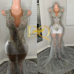 O Sier cou longue robe De bal pour les filles noires 2024 perles cristal diamant robes De fête d'anniversaire robes De soirée gland Robe De Ba es