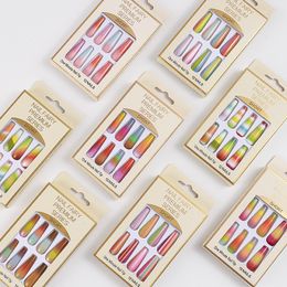 12pcs / Set Gradient Long Cercueil Faux Ongles Rainbow Ballerina Couverture Complète Nail Art Conseils Beauté Artificielle Faux Ongles Manucure Charmes