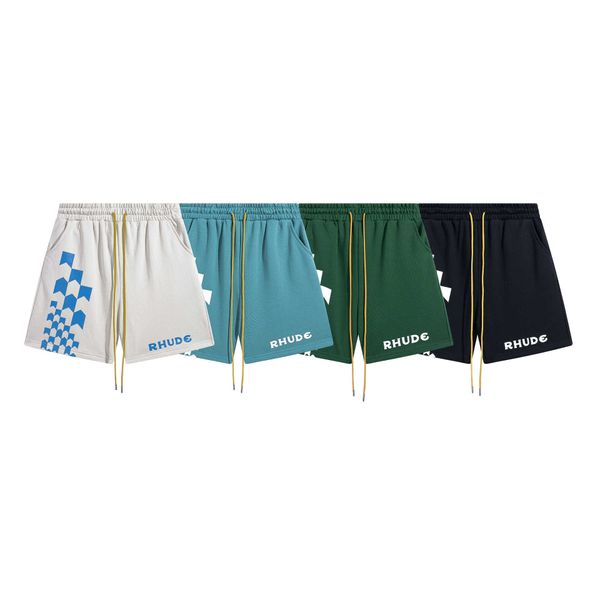 O37H 2023 Pantalones cortos de calle para hombres y mujeres Diseñador de moda Marca Rhude Signo americano Impresión de letras Deportes casuales Cuarto suelto Guardias con cordón