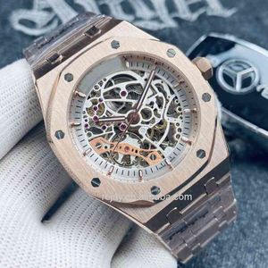 Eiken Self-wind Horloges Mannen Automatische Mechanische Wit Rose Goud 42mm Holle Skelet 316l Rvs Zakelijke Horloges