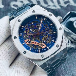 Eiken Self-wind Horloges Mannen Automatische Mechanische 42mm Holle Skeleton Blauwe Wijzerplaat 316l Rvs Business Horloges