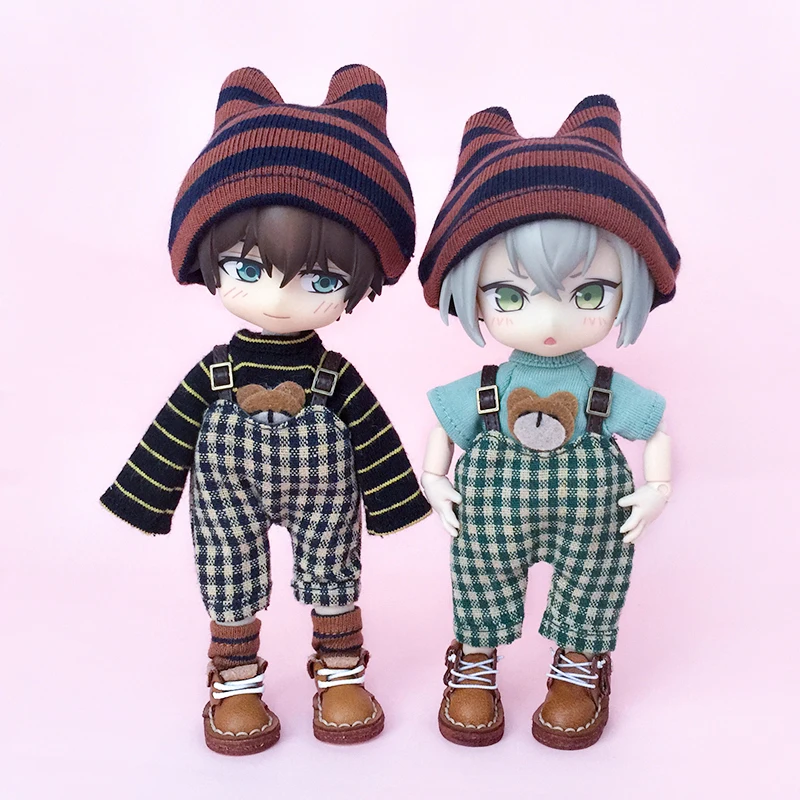 Ob11 Doll Checkered Strap Pants Clothes Little Bear T-Shirt Doll Striped Hat Suit Doll For Molly Gsc Ymy P9 P10 Body Uf Dolls