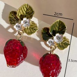 Obega Girls Mignon Boucles d'oreilles Strawberry Drop Feuilles vertes Fleur Fleur Boucles d'oreilles en pierre de baies rouges