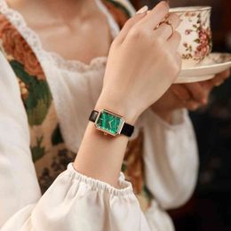 Oblvlo Montre à Quartz Verte de Luxe pour Femme Bracelet en Cuir Malachite Saphir Étanche Exquis Romantique Rectangle Horloge Lw