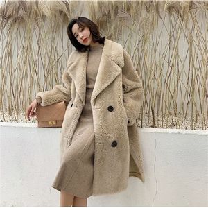 OBRIX Winter Rechte vrouwelijke 100% schapenwol Vneck Double Breasted Casual Full Sleeve Streetwear Fashionable Burt Coat For Women 201214