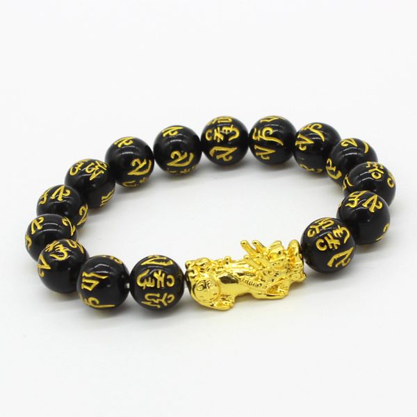 Bracelet en pierre d'obsidienne Pixiu, perles noires, richesse, Feng shui, porte-bonheur pour femmes et hommes