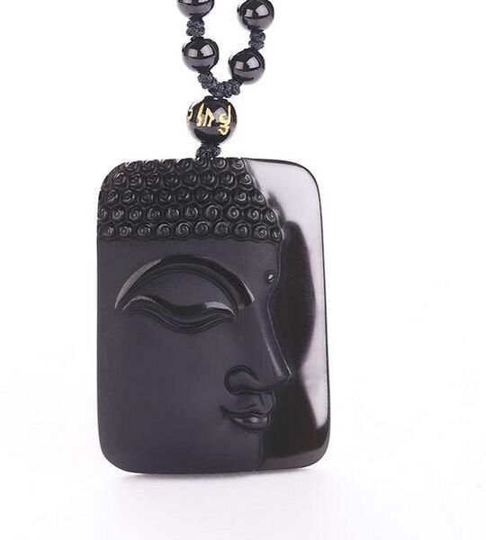 Collar Vintage de obsidiana, colgante de Jade negro, colgante de Cabeza de Buda para mujeres y hombres, joyería de Jade